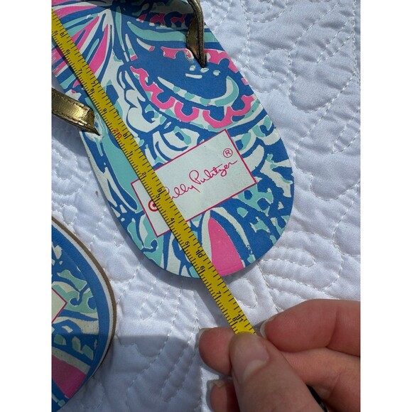 NEW Lilly Pulitzer Target My Fans Flip Flops Women Gold Straps w/Pink & Blue - Picture 4 of 4